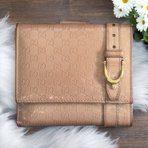 Authentic Gucci Beige Microguccissima Patent Leather Buckle French Small Wallet